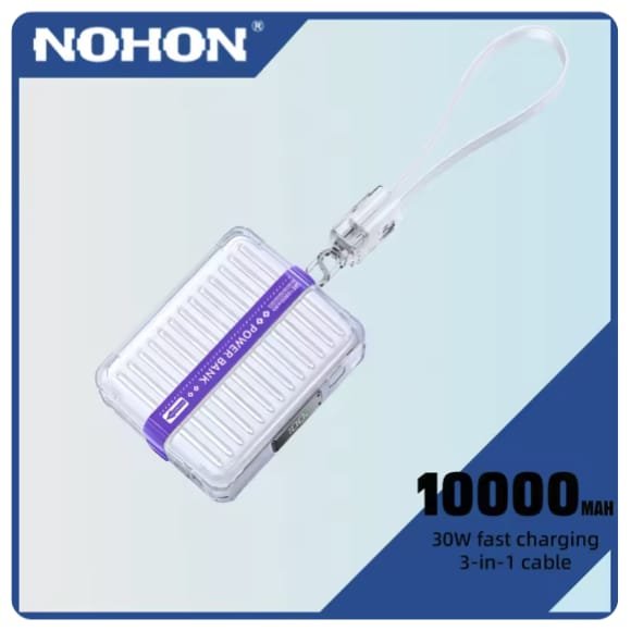 10000mAh 30W Fast Charging Mini Power Bank | Transparent Case | 3-in-1 Cable | Digital Display | Detachable Type-C | Purple | Light weight